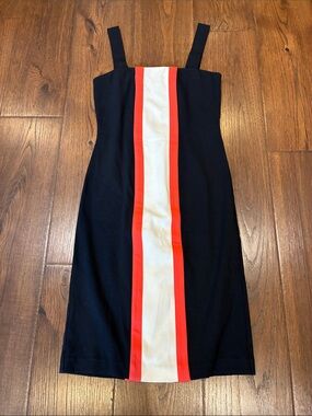 Diane Von Furstenberg Navy Midi Dress with White and Red Center Stripe